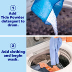 Two-step instructional graphic showing pouring Tide powder into a washer drum and adding clothing to begin wash