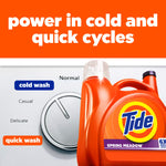 Tide Spring Meadow jug positioned next to a washing machine dial under headline ‘power in cold and quick cycles’