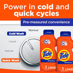 Infographic promoting cold and quick wash cycles with two Tide travel-size pouches pictured and 'Pre-measured convenience'.
