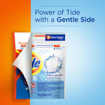 Split graphic showing a peeled-back page revealing a Tide PODS free & gentle pouch and headline about ‘Power of Tide’