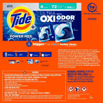Rear packaging panel of Tide Power Pods Ultra Oxi Odor Eliminator showing product branding, warnings, and usage icons on orange background.