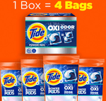 Promotional image showing a Tide Power Pods Ultra Oxi Odor Eliminator box above four orange-lidded refill bags on an orange background.