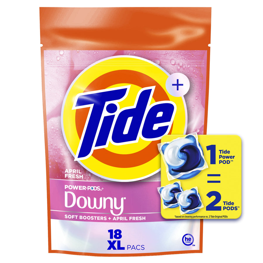 Front-facing pouch of Tide Power PODS with Downy soft boosters in pink packaging, prominent Tide logo and pod graphic