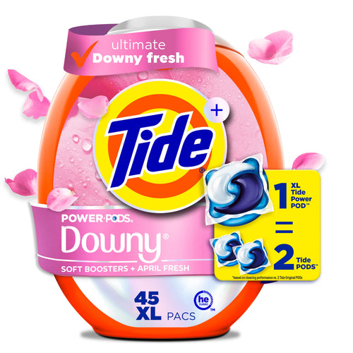 Close-up of a Tide Power PODS Downy pink oval pack with logo, pod image and floral petals floating around.
