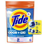 Front-facing pouch of Tide Power PODS Odor + Oxi detergent with prominent Tide logo and a small pod graphic on a white background.