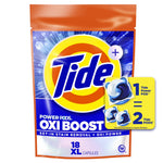Front-facing pouch of Tide Power-PODS Oxi Boost with large Tide logo and a graphic pod on a blue and orange package