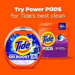 Promotional graphic showing Tide Power PODS Oxi Boost tub next to a Tide PODS Spring Meadow pouch on orange background