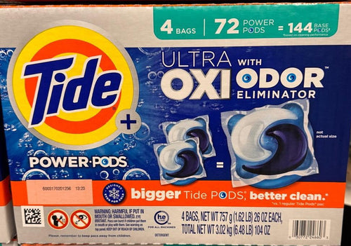Close-up retail photo of Tide Power Pods Ultra Oxi Odor Eliminator box front showing logo, pod images and quantity callouts.