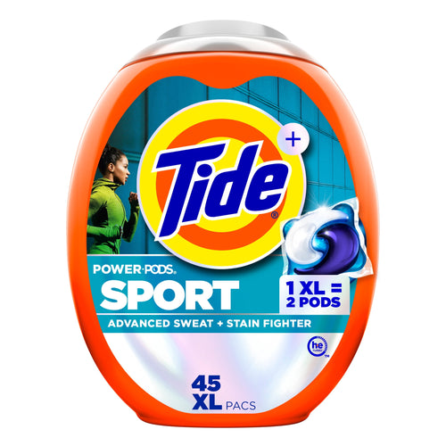 Orange Tide Power Pods Sport plastic tub with Tide logo and a blue-white swirl pod on the label