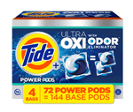 Front-packaging graphic of Tide Power Pods Ultra Oxi Odor Eliminator box with brand logo and pod illustration.