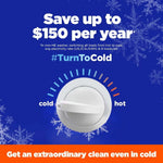 Blue promotional graphic with thermostat dial from cold to hot and text encouraging turning to cold washing to save energy