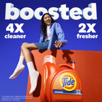 Promotional scene with woman perched above an orange Tide detergent bottle and text claiming 'boosted' cleaning benefits