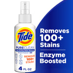 Tide PureClean fast-acting stain remover 4 fl oz spray bottle with blue callout reading 'Removes 100+ stains' on a white background