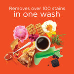 Bright orange promotional image showing assorted stain examples like coffee, egg, waffle and ice pop with text about removing over 100 stains.