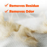 Close-up promotional graphic showing fabric fibers with text overlays reading ‘Removes Residue’ and ‘Removes Odor’ in orange.