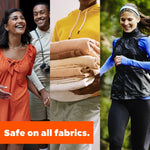 Lifestyle collage of three panels: smiling couple, folded towels held by a person, and a woman jogging, with text ‘Safe on all fabrics.’