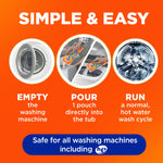 Step-by-step orange panel showing 'Simple & Easy' use instructions with icons for empty, pour pouch, and run cycle