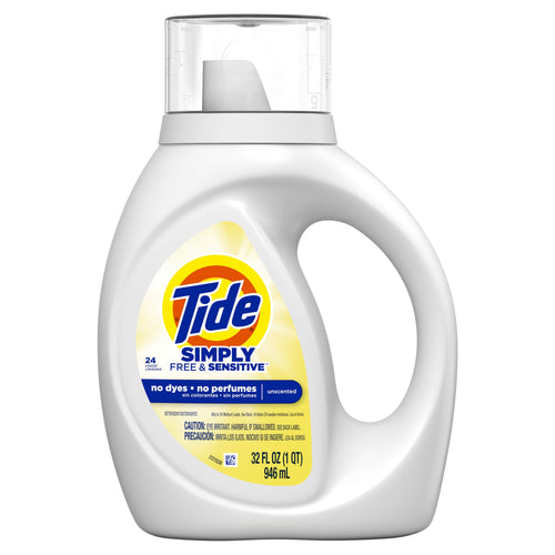 Studio image of a single 32 fl oz Tide Simply Free & Sensitive bottle showing label details and measurement markings