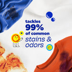 Graphic showing stained clothing corners with headline 'tackles 99% of common stains & odors' and small Tide icon