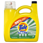 Centered front-facing yellow Tide Simply All In One detergent jug showing label details and dosage icons on a white background