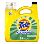 Front view of a yellow Tide Simply All In One laundry detergent jug with green label and 89 loads badge