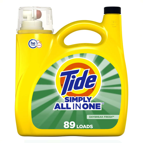 Front view of a yellow Tide Simply All In One laundry detergent jug with green label and 89 loads badge