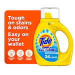 Bright yellow Tide Simply All In One bottle beside orange panel reading 'Tough on stains & odors'
