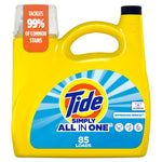 Yellow Tide Simply All In One laundry detergent jug with blue label and 85 loads callout