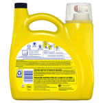 Rear view of a yellow Tide Simply All In One detergent bottle showing ingredient panels, barcode and caution text