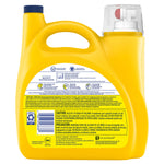 Rear view of yellow Tide Simply All In One detergent jug showing ingredient panel, warnings and barcode