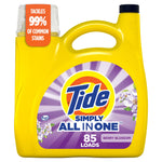 Yellow Tide Simply All In One laundry detergent jug with purple Berry Blossom label, front view