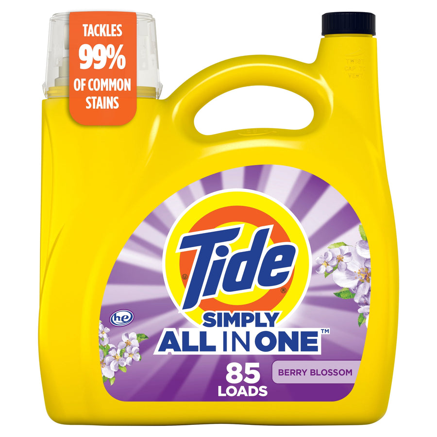 Yellow Tide Simply All In One laundry detergent jug with purple Berry Blossom label, front view