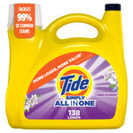 Yellow Tide Simply All In One detergent jug with purple Berry Blossom label and 138 loads callout