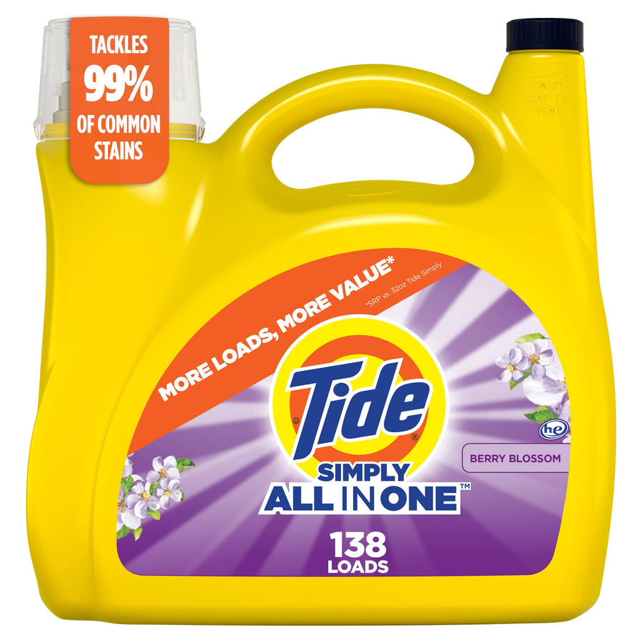 Yellow Tide Simply All In One detergent jug with purple Berry Blossom label and 138 loads callout