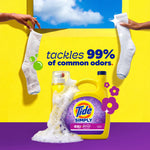 Tide Simply detergent bottle with foam and two socks hanging above, plus text 'tackles 99% of common odors'
