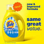 Yellow Tide Simply bottle on a yellow background with text ‘same great value’ and new & improved formula callout