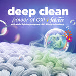 Macro-style graphic of fabric fibers with a soap bubble and text highlighting 'deep clean' power of OXI + Febreze