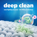 Illustrated close-up of fabric fibers with bubble and text 'deep clean' promoting stain fighting enzymes and dirt lifting technology