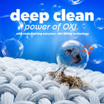 Close-up graphic of fabric fibers with bubbles and dirt particle being lifted, headline 'deep clean power of OXI'