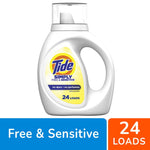 Front-facing Tide Simply Free & Sensitive detergent bottle on a white background with 'Free & Sensitive' and '24 loads' label panel