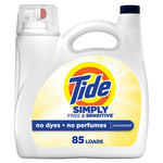 Front-facing white Tide Simply Free & Sensitive laundry detergent jug with Tide logo and '85 loads' label.