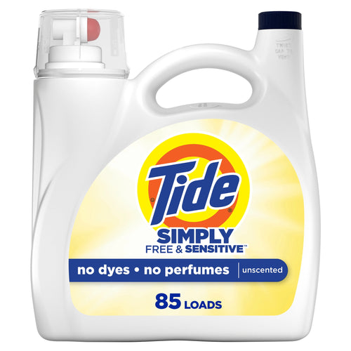 Front-facing white Tide Simply Free & Sensitive laundry detergent jug with Tide logo and '85 loads' label.