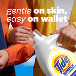 Hands holding a Tide Simply Free & Sensitive jug with text 'gentle on skin, easy on wallet' over a blue sky.
