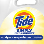 Close-up of Tide Simply Free & Sensitive label showing the Tide logo and 'no dyes • no perfumes • unscented' band.