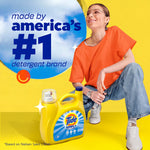 Lifestyle ad showing a person crouching next to a Tide Simply detergent bottle with ‘america’s #1 detergent brand’ headline