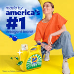 Lifestyle graphic showing a person crouching beside a Tide Simply detergent jug with 'america's #1 detergent brand' text