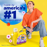 Lifestyle graphic showing person seated behind a Tide Simply detergent jug with branding and 'america's #1 detergent brand' text