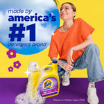 Promotional lifestyle graphic showing a woman beside a bubbling Tide Simply detergent bottle and 'america's #1' text