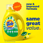 Yellow background with a Tide Simply detergent bottle and text 'same great value' highlighting a new and improved formula