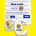 Promotional graphic comparing old and new Tide Simply bottle designs stacked against folded white towels